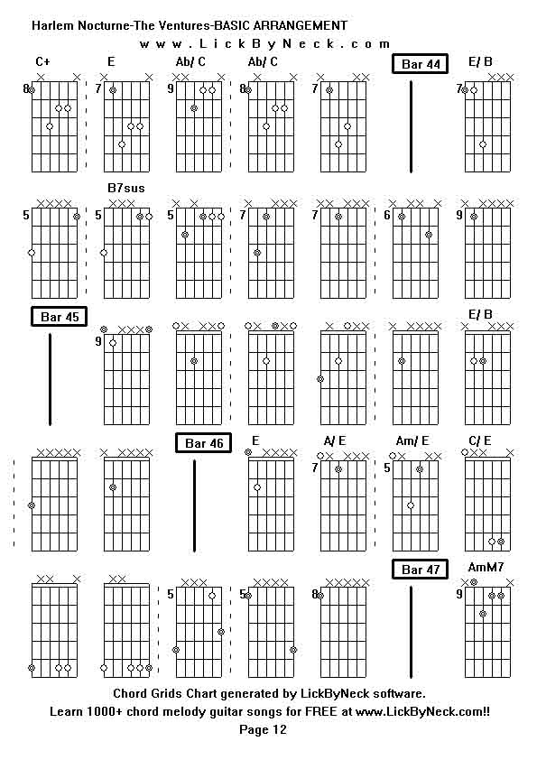 Chord Grids Chart of chord melody fingerstyle guitar song-Harlem Nocturne-The Ventures-BASIC ARRANGEMENT,generated by LickByNeck software.